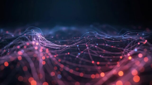 Glowing pink network data wave node connection abstract digital landscape grid