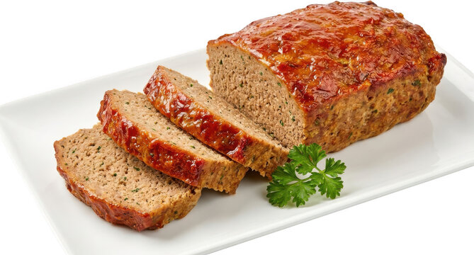 A freshly baked homemade meatloaf with a shiny tomato glaze is sliced into individual portions and served on a rectangular white ceramic plate garnished with a sprig of fresh green parsley