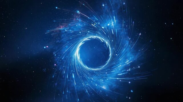 Blue spiral vortex in starry space with swirling galaxy stars cosmic motion and glowing streaks