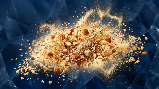 Dynamic explosion of mixed nuts and seeds with flying particles against a dark blue geometric background representing healthy food and energetic snacking concept
