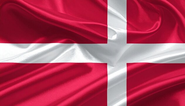 Danish national flag, Dannebrog, red field with white Nordic cross, waving fabric folds, symbol of heritage and identity.