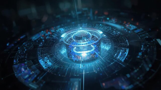 Futuristic holographic interface circular display with blue light data visualization cybernetic