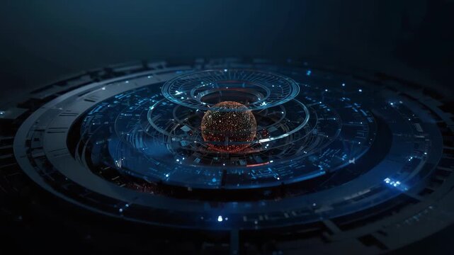 Futuristic holographic globe interface with layered circular data lights and glowing core