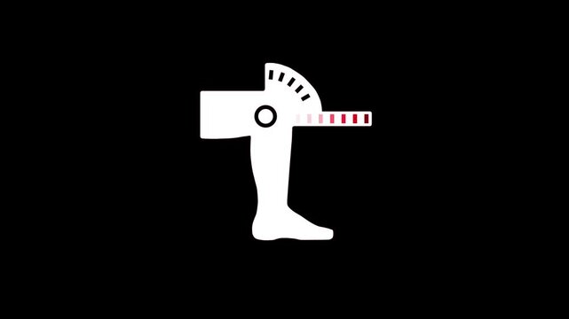 Stylized white icon of a human leg with a protractor measuring knee flexion on a black background joint