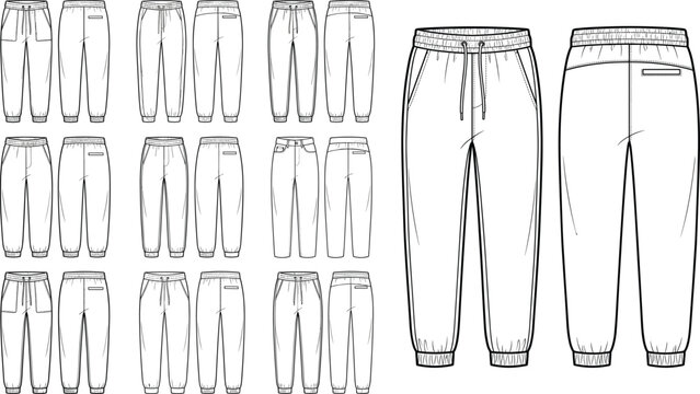 Men Joggers Sweatpants Collection Fashion Flat Sketch Template Bundle Front Back View Sportswear Trousers Pack Casual Pants Technical Vector Illustration Design