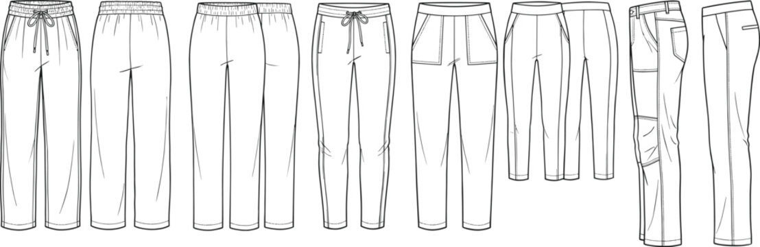 Set of technical fashion flat sketches of various women and men joggers trousers sweatpants and cargo pants for apparel design