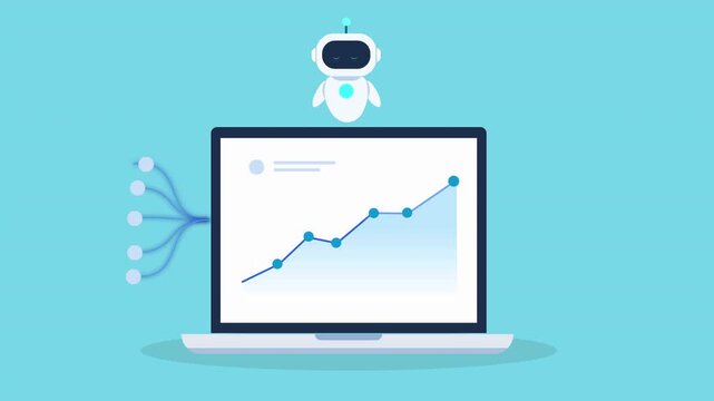 Clean animated video of an AI robot hovering above a laptop with a rising data chart and credit card icon, representing digital payments, transaction systems, fintech analytics, and business automatio
