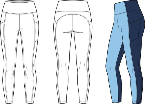 Technical Vector Illustration of Women's Athletic Yoga Leggings with High Waistband and Side Pockets Front Back and Side Views