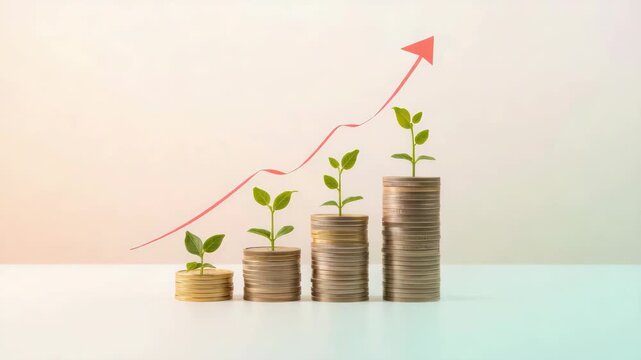 Plant coin stack growth investment finance young plant sprouts stacked coin columns showing