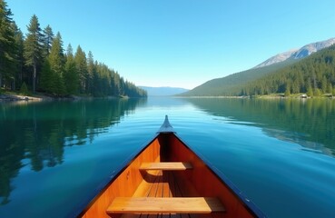 Obraz premium Wooden canoe glides on tranquil blue lake water. Tall pine forest lines the shore leading to distant mountains under clear sky. Peaceful nature journey.