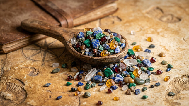 Assorted raw gemstones and crystals in a wooden spoon on a rustic stone surface with an antique map background for jewelry making and geology collection hobby