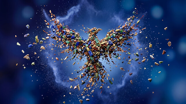 Abstract phoenix bird shape formed by colorful spices herbs and mineral particles exploding on blue background for conceptual art and creative design