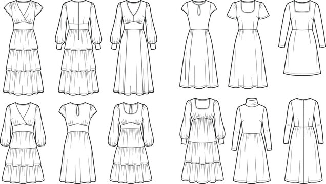 Women's Fashion Technical Sketch Mega Pack Featuring Empire Waist Tiered Maxi Dresses and Long Sleeve Summer Midi Dress Vector Illustrations