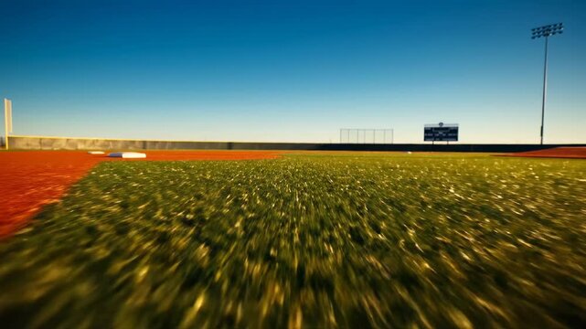 Low angle view of a baseball field infield with a white foul line, orange dirt, green grass, and a clear blue sky overhead, sports and recreation concept