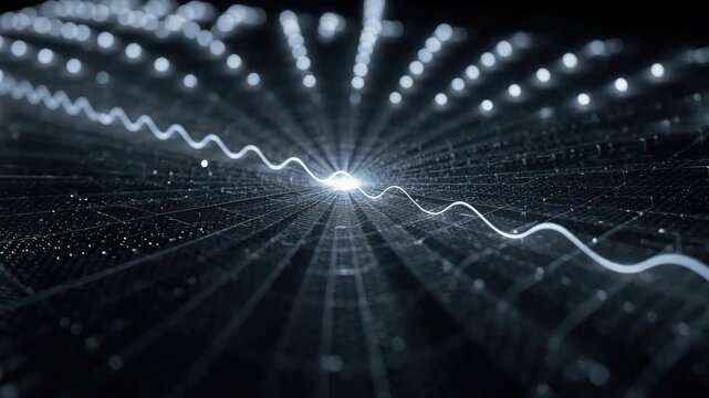 Glowing waveform over digital grid with radial light burst pulsing focal point conveying futuristic