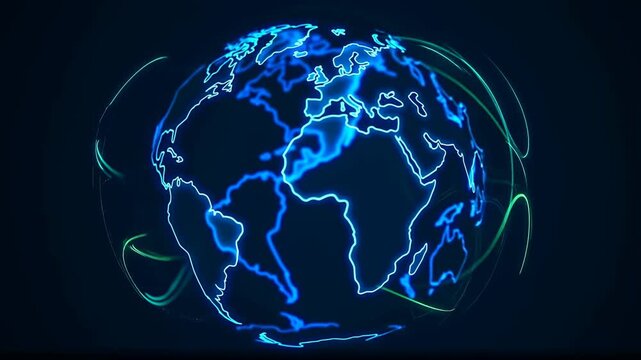 Animated globe with glowing blue and green lines representing global connectivity and data flow. Visualizing the interconnected world of technology and communication