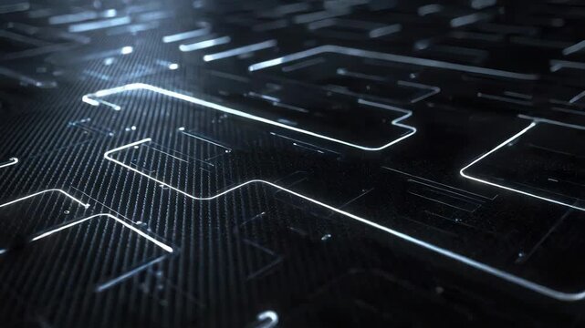 Futuristic glowing circuit pattern dark textured surface with cool blue glow and modern technology
