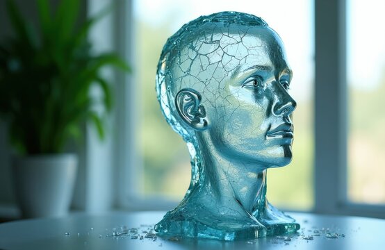 Cracked glass head sculpture rests on reflective surface. Shattered fragments lie nearby. Green plant, blurred window frame background suggest indoor setting. This visual represents mental fragility.
