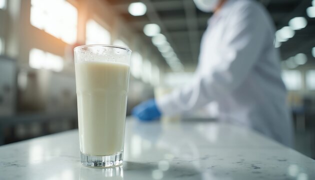 Glass of milk stands on a marble table in a modern dairy factory. A blurred worker in a lab coat and blue gloves works in background. Fresh product manufacturing process.