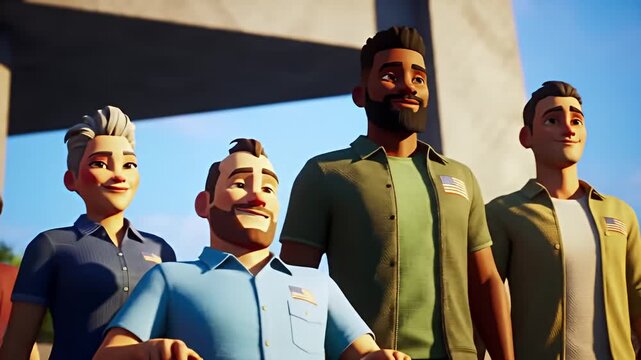 Stylized animated group portrait of diverse people smiling, with US flag shirt patches