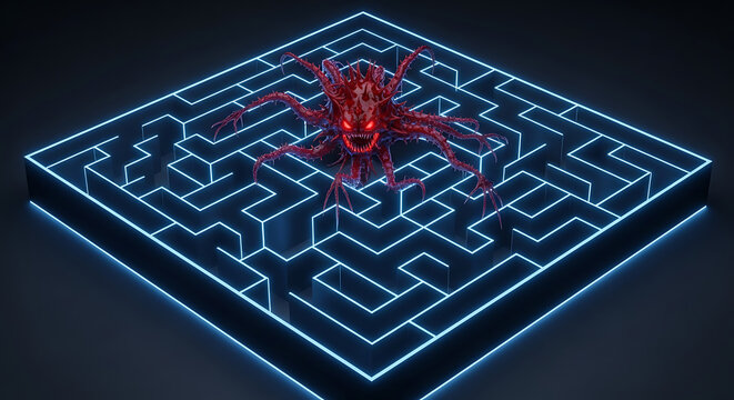 Scary red monster with glowing eyes lost in a dark neon maze, representing challenges and difficult situations