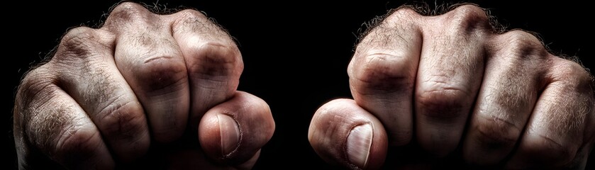 Naklejka premium A powerful close-up of two tightly clenched fists, symbolizing strength, determination, and readiness for competition. The strong hand detail conveys an intense sense of focus.