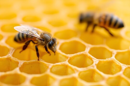 A detailed macro of a worker bee on a golden honeycomb. Apiculture and honey production inside a natural beehive