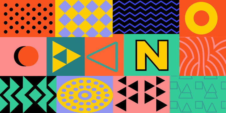 Geometric pattern grid with colorful shapes and letter n