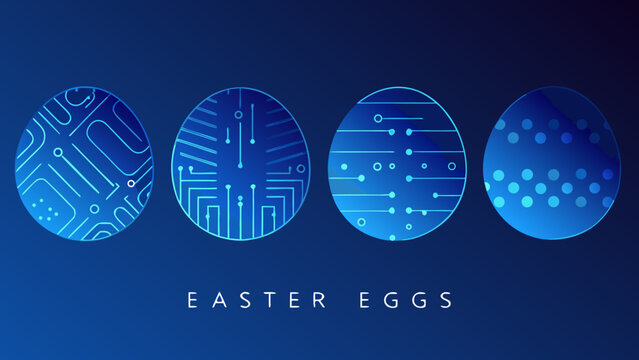 Easter eggs with circuit board pattern blue glowing vector illustration