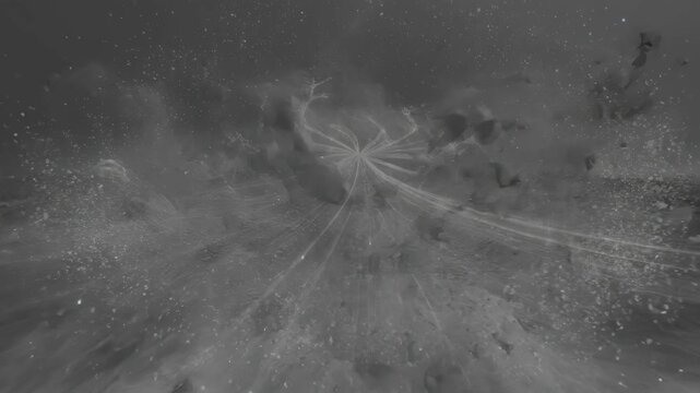 Abstract 3D animation showing geometric structures shattering into glowing light particles and dynamic digital energy trails.