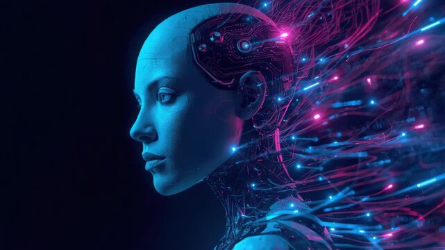 Futuristic female android portrait with glowing neural cables and blue lighting, artificial