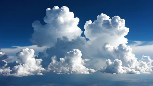 Aerial view of massive white cumulonimbus clouds forming against a dark blue sky, representing dramatic weather and atmospheric conditions.