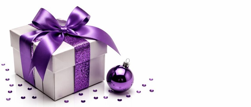 elegant gift box wrapped with satin ribbon and covered with beautiful purple glitter accents arranged with a few scattered sequins and a polished ornament sphere on white background