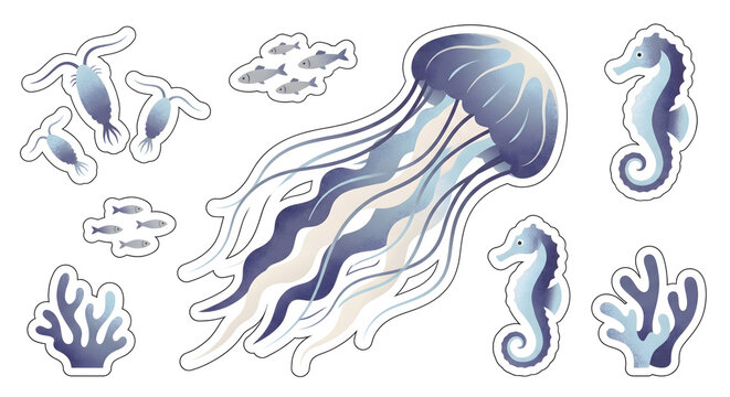 Marine life sticker sheet with a large jellyfish, seahorses, plankton, and coral. Textured digital illustration in muted blue tones for ocean-themed scrapbooking and educational design.