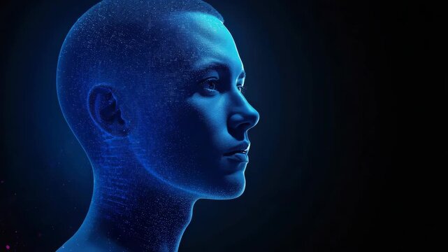 Futuristic human profile digital portrait glowing blue and magenta contemplative serene emotion