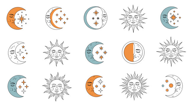 Large collection of mystical celestial sun and moon face icons in various styles and colors for astrology and spiritual design.