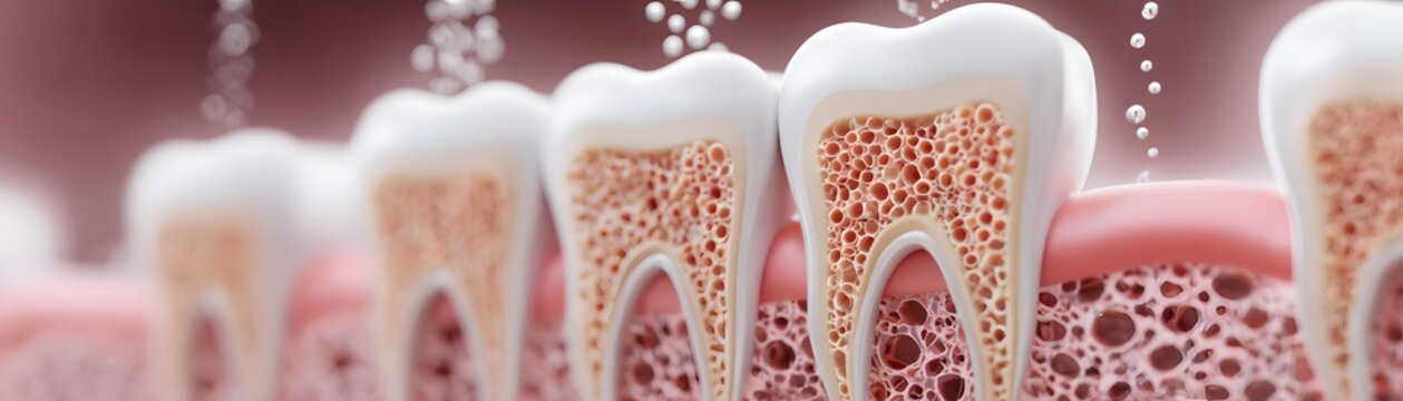 Detailed close-up of healthy human teeth showcasing their structure, highlighting enamel, dentin, and gum. Ideal for dental health, hygiene education, and medical illustrations.