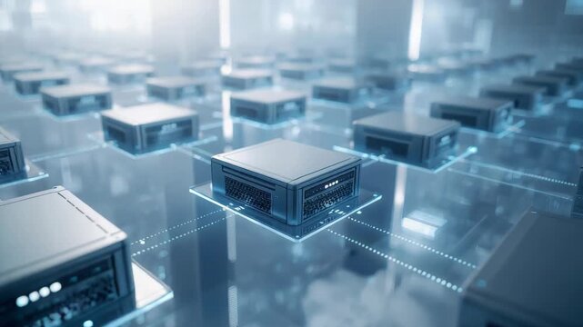 Futuristic network server rack hardware and data center illuminated grid showing secure