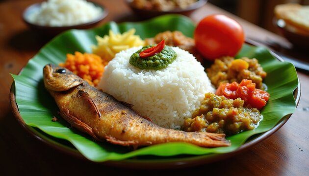 Whole fried fish served with fluffy white rice, green chutney, tomato, and vegetable curries on a banana leaf plate. This traditional Indian meal offers delicious and authentic flavors.