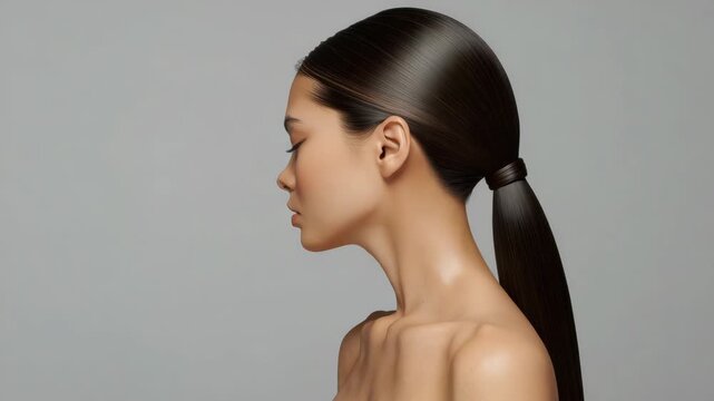 Elegant profile woman portrait skincare smooth skin serene expression studio lighting seamless