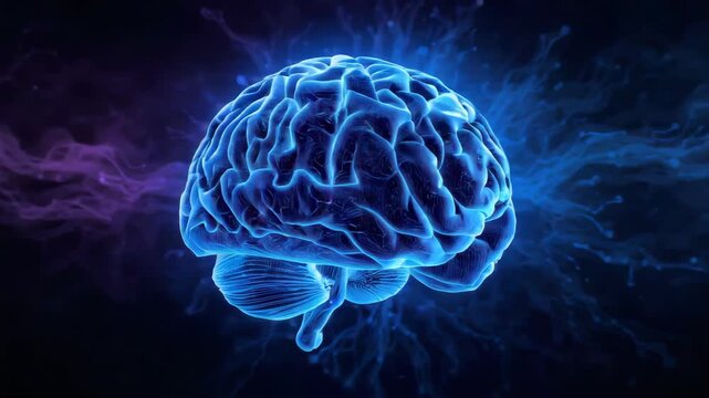 Glowing blue brain neural anatomy neuron illustration with glowing neural activity and abstract