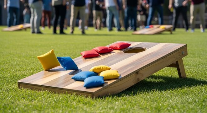 A wooden cornhole board with red, blue, and yellow bean bags sits on a green grass field during a sunny outdoor event with blurred people in the background