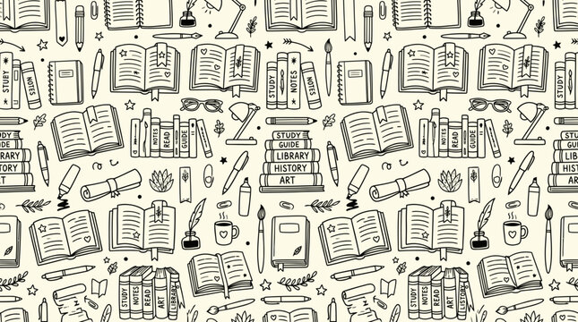 Hand drawn seamless school supplies pattern background.