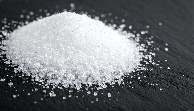 Pile of white sea salt on dark stone background with wide copy space