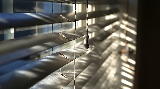 Close-up shots of window blinds with a pull cord, where slight damage creates striking light and shadow effects.