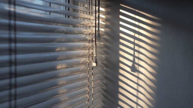 Close-up shots of window blinds with a pull cord, where slight damage creates striking light and shadow effects.