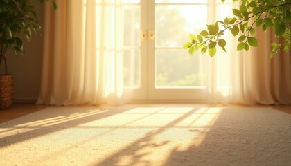 Fototapeta premium Warm sun shines through window curtains onto soft carpet. Gentle light creates calm, bright home interior. Shadows of leaves dance on the floor.