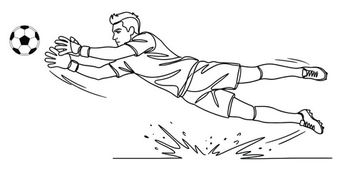 Soccer Goalkeeper Jumping and Reaching for Ball, Minimalist Line Art Vector Illustration of Football Goalie Action for Sports Branding, Coaching Manuals and Athletic Graphic Design © MD SHUVO AL SHAIED