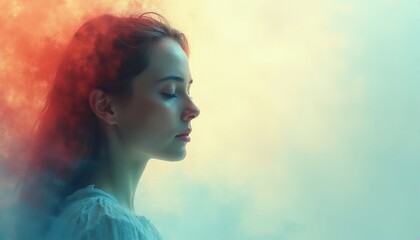 Fototapeta premium Young woman profile with eyes closed. Fiery red and cool blue smoke blend with face. Soft light and abstract texture create dreamy atmosphere.