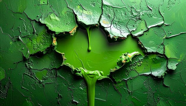 Abstract green cracked earth background with flowing liquid slime and copy space